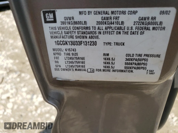 2003 Chevrolet Silverado 1500HD LS with VIN 1GCGK13U33F131230, listed as a Copart auction lot 52699415 with 237,280 mi miles and Salvage Title. Bid and sale history available at DreamBid. Image 12.