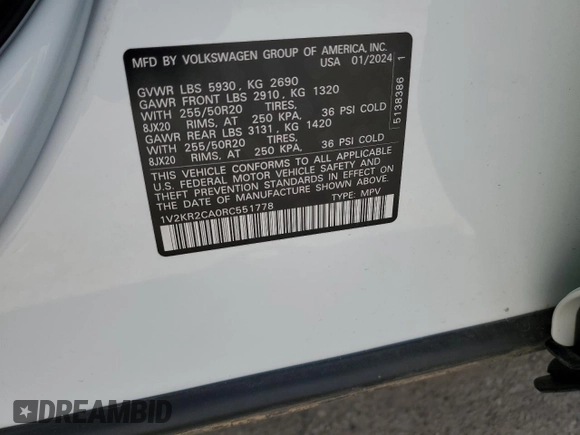 2024 Volkswagen Atlas SE with VIN 1V2KR2CA0RC551778, listed as a Copart auction lot 55583095 with 10,854 mi miles and Salvage title. Bid and sale history available at DreamBid. Image 12.