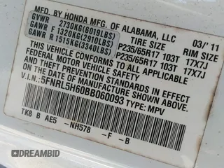 2011 Honda Odyssey EX-L с VIN 5FNRL5H60BB060093, выставлен на аукционе IAAI как лот 42567752 с пробегом 151 632 миль миль и . История ставок и продаж доступна на DreamBid. Изображение 9.