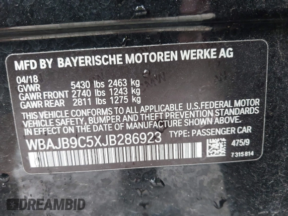 2018 BMW 5 Series M550i xDrive with VIN WBAJB9C5XJB286923, listed as a IAAI auction lot 42527301 with 76,923 mi miles and . Bid and sale history available at DreamBid. Image 9.