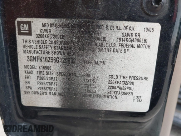 2006 Chevrolet Suburban Z71 z VIN 3GNFK16Z56G129802, wystawiony jako IAAI lot #42121860 z przebiegiem 299 841 mil mil oraz . Historia ofert i sprzedaży dostępna na DreamBid. Obrazek 9.