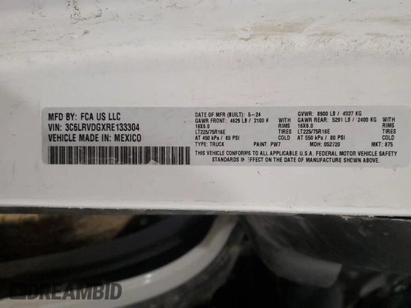 2024 Ram ProMaster Cargo Tradesman with VIN 3C6LRVDGXRE133304, listed as a Copart auction lot 49920835 with 23,133 mi miles and Salvage Title. Bid and sale history available at DreamBid. Image 14.