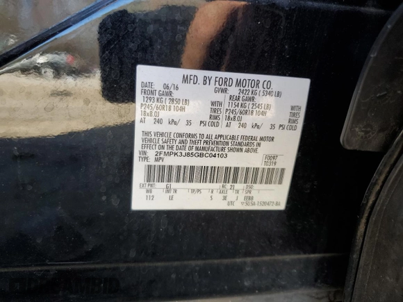 2016 Ford Edge SEL with VIN 2FMPK3J85GBC04103, listed as a Copart auction lot 46258415 with 146,052 mi miles and Non Repairable. Bid and sale history available at carsss.com. Image 13.