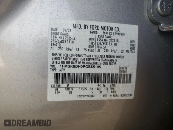 2023 Ford Explorer XLT with VIN 1FMSK8DH0PGB85195, listed as a Copart auction lot 52736605 with 21,867 mi miles and Salvage Title. Bid and sale history available at carsss.com. Image 13.