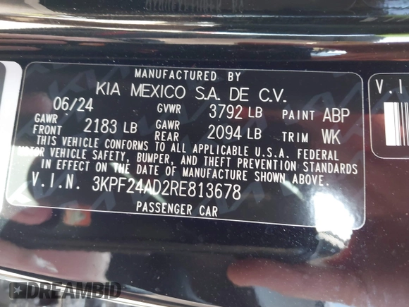 2024 Kia Forte LXS with VIN 3KPF24AD2RE813678, listed as a IAAI auction lot 41533170 with 8,576 mi miles. Bid and sale history available at carsss.com. Image 9.