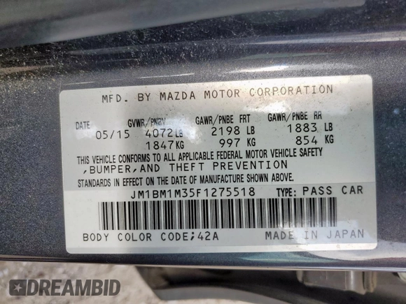 2015 Mazda 3 S Grand Touring с VIN JM1BM1M35F1275518, выставлен на аукционе Copart как лот 59630635 с пробегом 44 972 миль миль и Списание • Salvage title. История ставок и продаж доступна на DreamBid. Изображение 13.