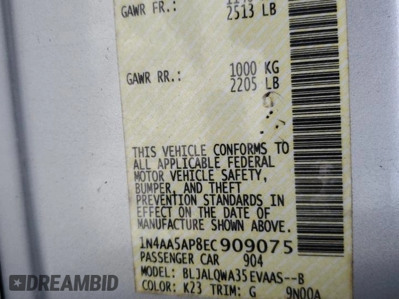 2014 Nissan Maxima S with VIN 1N4AA5AP8EC909075, listed as a Copart auction lot 53097245 with 132,311 mi miles and Salvage Title. Bid and sale history available at DreamBid. Image 12.