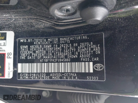 2015 Toyota Camry XLE with VIN 4T1BF1FK2FU945860, listed as a IAAI auction lot 40779379 with 167,391 mi miles and . Bid and sale history available at DreamBid. Image 9.