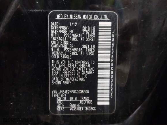 2012 Nissan Quest SL with VIN JN8AE2KP8C9038608, listed as a IAAI auction lot 41816741 with 124,153 mi miles. Bid and sale history available at carsss.com. Image 9.