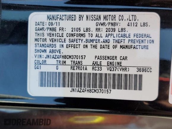 2012 Nissan 370Z Touring with VIN JN1AZ4FH8CM370157, listed as a Copart auction lot 76075624 with 112,644 mi miles and Salvage Title. Bid and sale history available at carsss.com. Image 12.