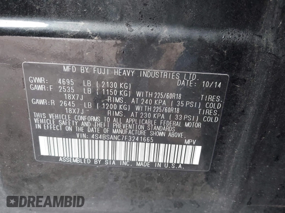 2015 Subaru Outback Limited with VIN 4S4BSANC7F3241665, listed as a IAAI auction lot 42052793 with 118,547 mi miles and . Bid and sale history available at DreamBid. Image 9.