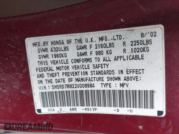 2002 Honda CR-V EX with VIN SHSRD78822U008984, listed as a IAAI auction lot 42376235 with 340,167 mi miles and . Bid and sale history available at DreamBid. Image 9.