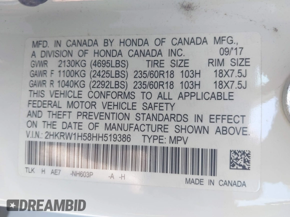 2017 Honda CR-V EX with VIN 2HKRW1H58HH519386, listed as a IAAI auction lot 41777509 with 76,499 mi miles. Bid and sale history available at carsss.com. Image 9.