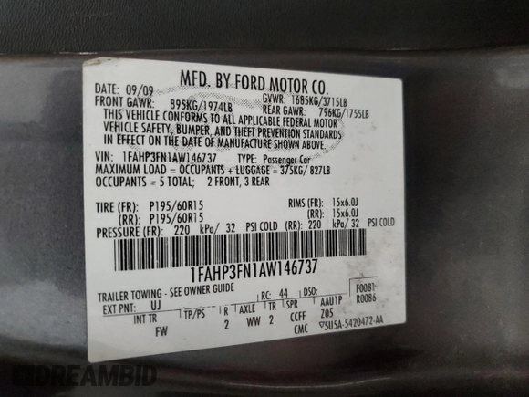 2010 Ford Focus SE with VIN 1FAHP3FN1AW146737, listed as a Copart auction lot 76261654 with 140,988 mi miles and Salvage Title. Bid and sale history available at DreamBid. Image 12.