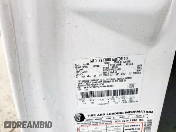 2010 Ford F-150 XL with VIN 1FTFW1EV9AFB45006, listed as a Copart auction lot 59585915 with 219,756 mi miles and Salvage title. Bid and sale history available at DreamBid. Image 13.