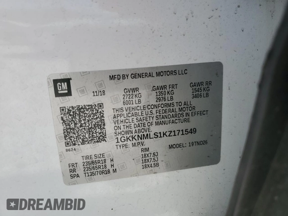 2019 GMC Acadia SLT with VIN 1GKKNMLS1KZ171549, listed as a Copart auction lot 49221025 with 82,565 mi miles and Salvage Title. Bid and sale history available at DreamBid. Image 14.