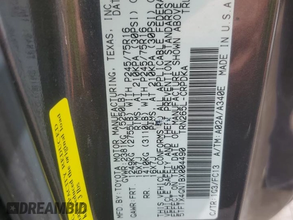2011 Toyota Tacoma z VIN 5TFTX4GN1BX004490, wystawiony jako Copart lot #59059015 z przebiegiem 171 268 mil mil oraz Szkoda całkowita • Salvage title. Historia ofert i sprzedaży dostępna na DreamBid. Obrazek 13.