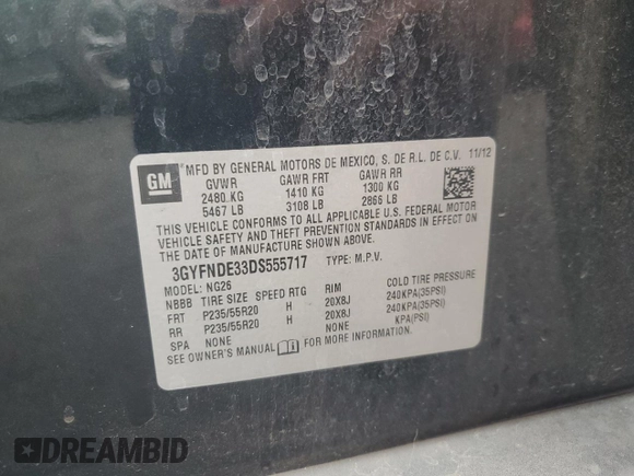 2013 Cadillac SRX Performance Collection with VIN 3GYFNDE33DS555717, listed as a Copart auction lot 53308195 with 125,528 mi miles and Salvage Title. Bid and sale history available at carsss.com. Image 15.