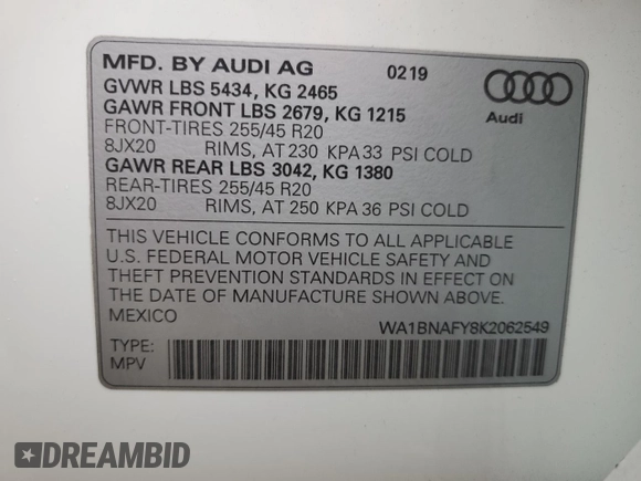 2019 Audi Q5 Premium Plus z VIN WA1BNAFY8K2062549, wystawiony jako Copart lot #58853745 z przebiegiem 57 502 mil mil oraz Szkoda całkowita • Salvage title. Historia ofert i sprzedaży dostępna na DreamBid. Obrazek 14.