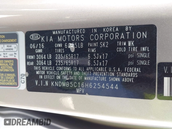 2017 Kia Sedona LX with VIN KNDMB5C16H6254544, listed as a IAAI auction lot 41961809 with 124,658 mi miles. Bid and sale history available at carsss.com. Image 9.