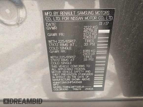 2017 Nissan Rogue S with VIN KNMAT2MV2HP543348, listed as a IAAI auction lot 42525372 with 128,842 mi miles and . Bid and sale history available at DreamBid. Image 9.
