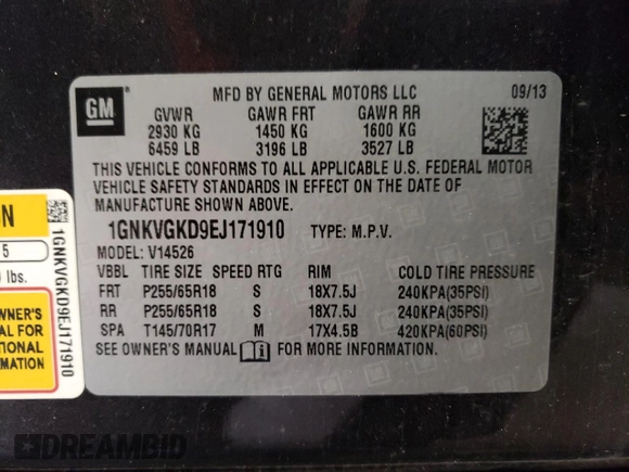 2014 Chevrolet Traverse LT with VIN 1GNKVGKD9EJ171910, listed as a Copart auction lot 51678575 with 166,939 mi miles and Salvage Title. Bid and sale history available at carsss.com. Image 13.