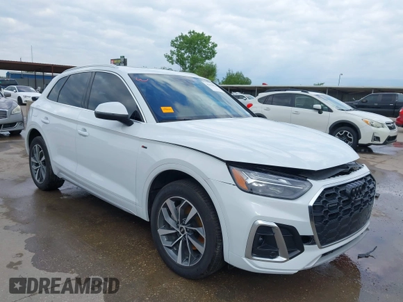 2023 Audi Q5 S line Premium Plus with VIN WA1EABFY3P2122520, listed as a IAAI auction lot 42179826 with 23,020 mi miles and . Bid and sale history available at DreamBid. Image 1.