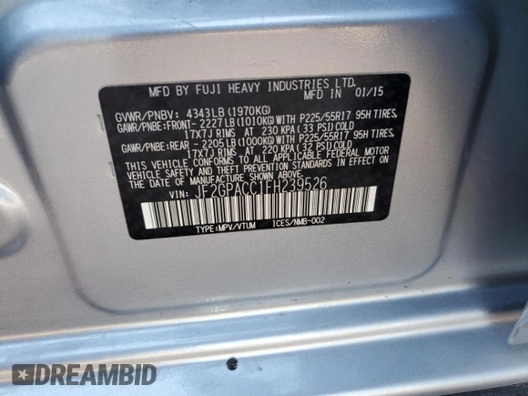 2015 Subaru Crosstrek Premium with VIN JF2GPACC1FH239526, listed as a Copart auction lot 62788295 with 105,966 mi miles and Salvage title. Bid and sale history available at DreamBid. Image 13.
