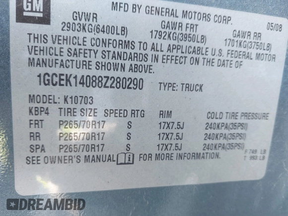 2008 Chevrolet Silverado 1500 1LT with VIN 1GCEK14088Z280290, listed as a IAAI auction lot 41755583 with 65,056 mi miles and . Bid and sale history available at DreamBid. Image 9.