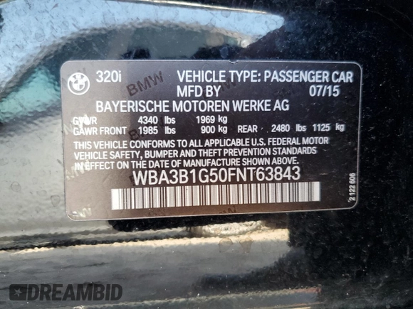2015 BMW 3 Series 320i с VIN WBA3B1G50FNT63843, выставлен на аукционе Copart как лот 72005294 с пробегом 112 374 миль миль и Чистый • Clean title. История ставок и продаж доступна на DreamBid. Изображение 12.