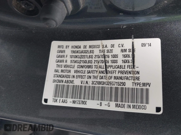 2014 Honda CR-V LX with VIN 3CZRM3H32EG715290, listed as a IAAI auction lot 42178372 with 90,934 mi miles and . Bid and sale history available at carsss.com. Image 9.