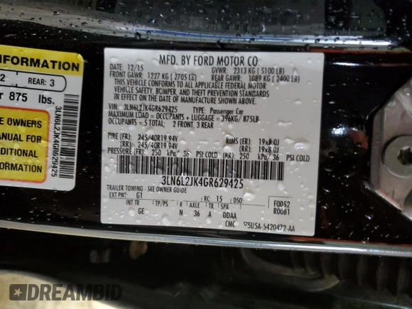 2016 Lincoln MKZ with VIN 3LN6L2JK4GR629425, listed as a Copart auction lot 52854645 with 127,981 mi miles and Salvage title. Bid and sale history available at DreamBid. Image 13.