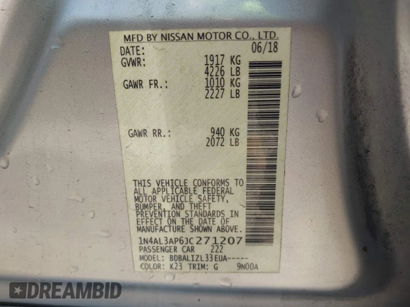 2018 Nissan Altima SR with VIN 1N4AL3AP6JC271207, listed as a IAAI auction lot 41839284 with 111,144 mi miles and . Bid and sale history available at carsss.com. Image 9.