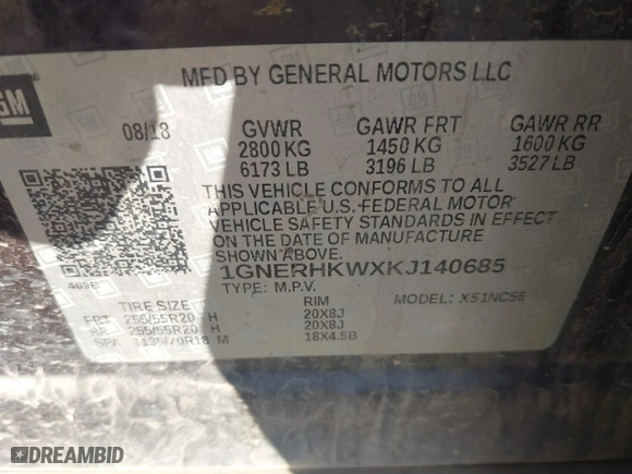2019 Chevrolet Traverse LT Leather with VIN 1GNERHKWXKJ140685, listed as a IAAI auction lot 41235163 with 122,875 mi miles. Bid and sale history available at carsss.com. Image 9.