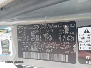2007 Hyundai Santa Fe SE with VIN 5NMSH13E77H128941, listed as a IAAI auction lot 42641419 with 209,159 mi miles and . Bid and sale history available at DreamBid. Image 9.