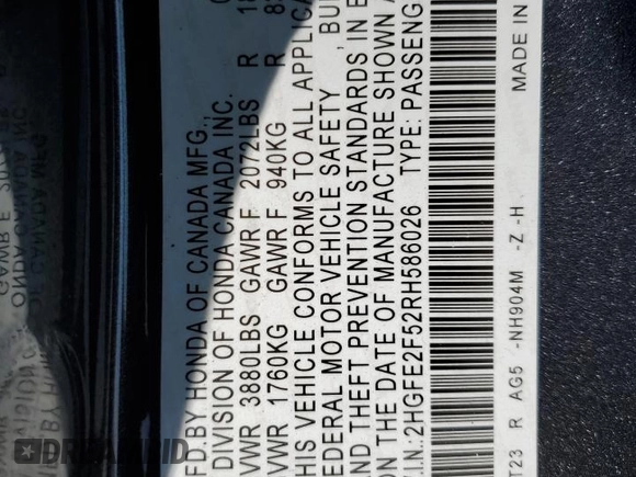 2024 Honda Civic Sport z VIN 2HGFE2F52RH586026, wystawiony jako Copart lot #54269965 z przebiegiem 7 325 mil mil oraz Szkoda całkowita • Salvage title. Historia ofert i sprzedaży dostępna na DreamBid. Obrazek 12.