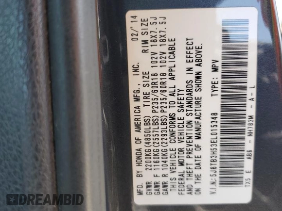2014 Acura RDX Technology z VIN 5J8TB3H53EL015348, wystawiony jako Copart lot #59113585 z przebiegiem 171 448 mil mil oraz Szkoda całkowita • Salvage title. Historia ofert i sprzedaży dostępna na DreamBid. Obrazek 12.