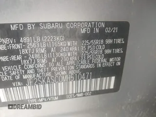 2021 Subaru Forester Limited with VIN JF2SKASC0MH510471, listed as a IAAI auction lot 42247275 with 49,130 mi miles and . Bid and sale history available at DreamBid. Image 9.