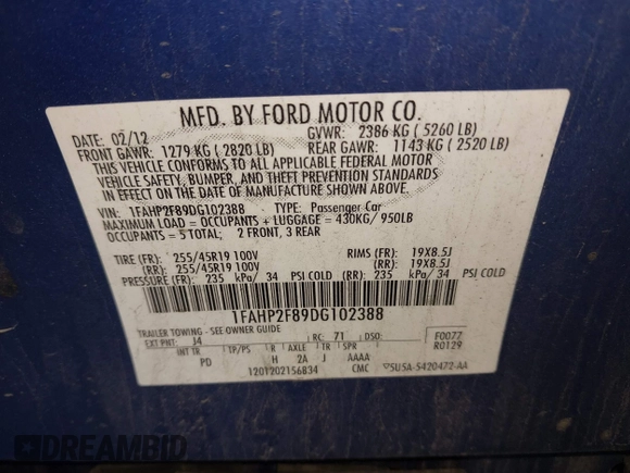 2013 Ford Taurus Limited with VIN 1FAHP2F89DG102388, listed as a IAAI auction lot 42778296 with 207,517 mi miles and . Bid and sale history available at DreamBid. Image 9.