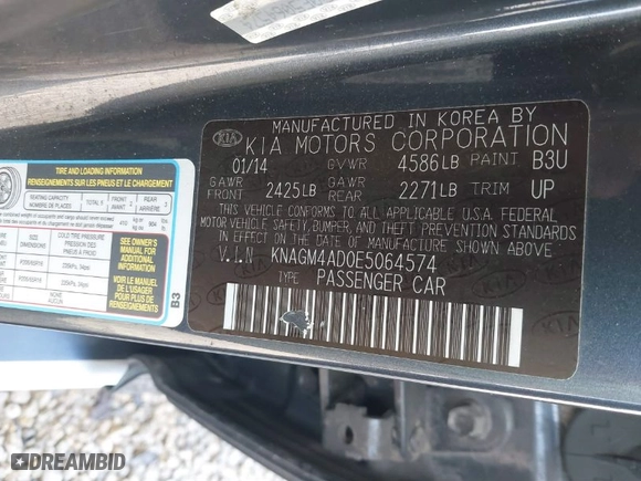 2014 Kia Optima Hybrid LX with VIN KNAGM4AD0E5064574, listed as a IAAI auction lot 41773748 with 250,994 mi miles. Bid and sale history available at carsss.com. Image 9.