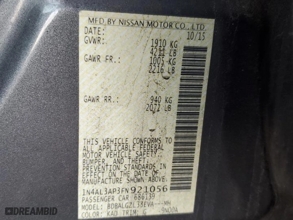 2015 Nissan Altima 2.5 S with VIN 1N4AL3AP3FN921056, listed as a Copart auction lot 44330675 with 236,832 mi miles and Salvage Title. Bid and sale history available at carsss.com. Image 12.