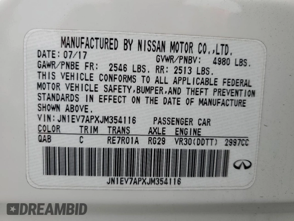 2018 Infiniti Q50 Luxe with VIN JN1EV7APXJM354116, listed as a Copart auction lot 52459655 with 66,624 mi miles and Non Repairable. Bid and sale history available at DreamBid. Image 12.