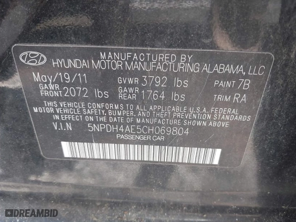 2012 Hyundai Elantra Limited with VIN 5NPDH4AE5CH069804, listed as a IAAI auction lot 42017607 with 185,209 mi miles. Bid and sale history available at carsss.com. Image 9.