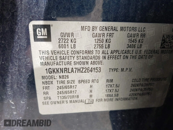 2017 GMC Acadia SLE with VIN 1GKKNRLA7HZ264153, listed as a IAAI auction lot 41439928 with Not Provided miles and . Bid and sale history available at DreamBid. Image 9.