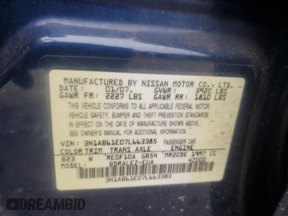 2007 Nissan Sentra S с VIN 3N1AB61E07L663385, выставлен на аукционе Copart как лот 55440705 с пробегом 155 837 миль миль и Списание • Salvage title. История ставок и продаж доступна на DreamBid. Изображение 12.