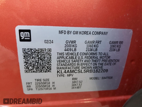 2024 Buick Encore GX Preferred z VIN KL4AMCSL5RB182209, wystawiony jako Copart lot #51734815 z przebiegiem Nie podano mil oraz Szkoda całkowita • Salvage title. Historia ofert i sprzedaży dostępna na DreamBid. Obrazek 12.