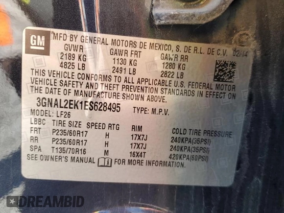 2014 Chevrolet Captiva Sport LS with VIN 3GNAL2EK1ES628495, listed as a Copart auction lot 54849005 with Not Provided miles and Salvage Title. Bid and sale history available at DreamBid. Image 13.