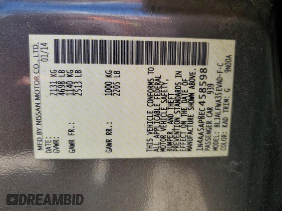 2014 Nissan Maxima SV with VIN 1N4AA5AP8EC458598, listed as a Copart auction lot 58099025 with 147,083 mi miles and Salvage title. Bid and sale history available at DreamBid. Image 13.
