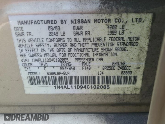 2004 Nissan Altima with VIN 1N4AL11D94C102085, listed as a Copart auction lot 62062015 with 200,929 mi miles and Salvage title. Bid and sale history available at DreamBid. Image 12.