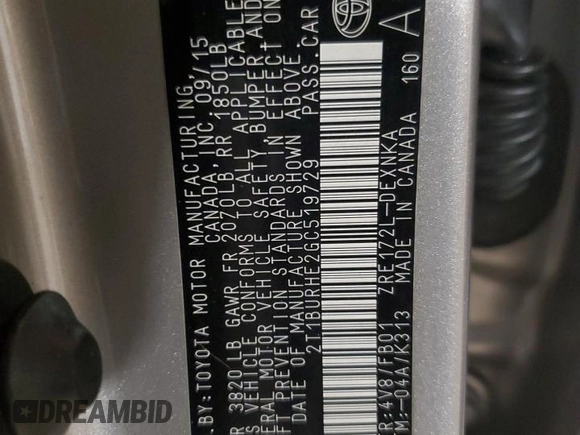 2016 Toyota Corolla L with VIN 2T1BURHE2GC519729, listed as a Copart auction lot 60902025 with 173,523 mi miles and Salvage title. Bid and sale history available at DreamBid. Image 13.